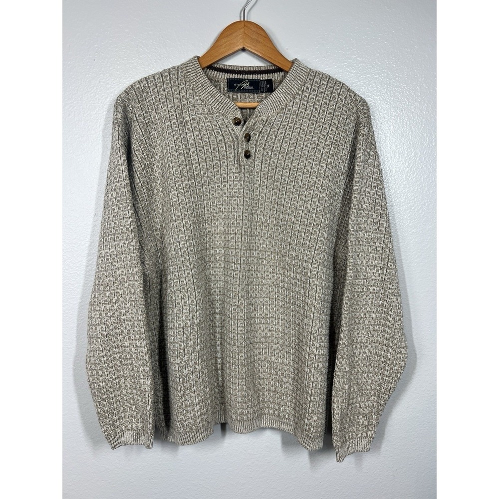 Studio Bill Blass Sweater Men's XL Tan 3D Textured Knit Crewneck Button Vintage